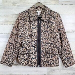 Chicos Queen of Elegance Margaret Faux Fur Jacket Sz 1/US 8 M Brown Blk Full Zip